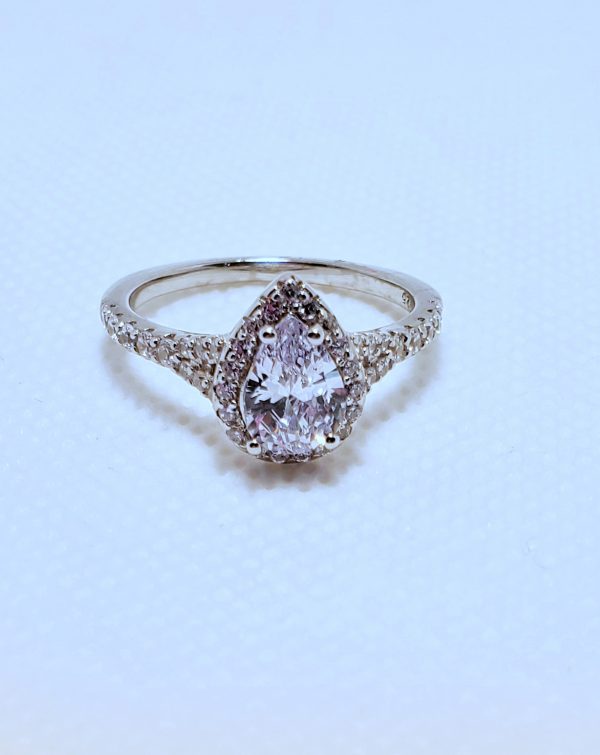 Sterling Silver Elegant Victorian Pear Cut Halo Round Cut Clear CZ Linked Engagement Ring