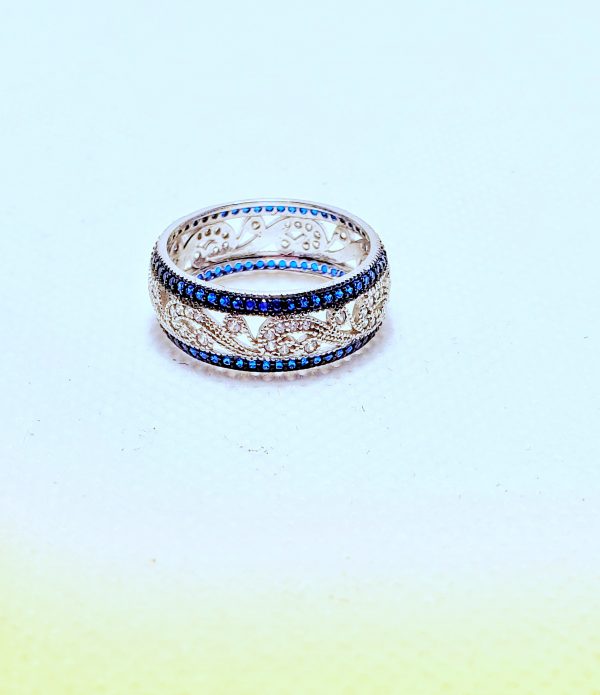 Sterling Silver Filigree Blue Spinel CZ Black Plating Ring