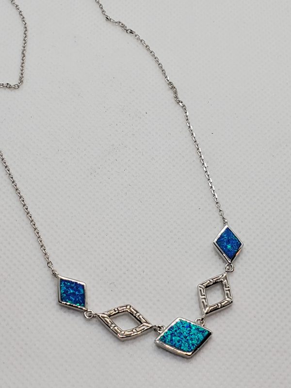Sterling Silver Blue Lab Opal Greek Diamond Necklace
