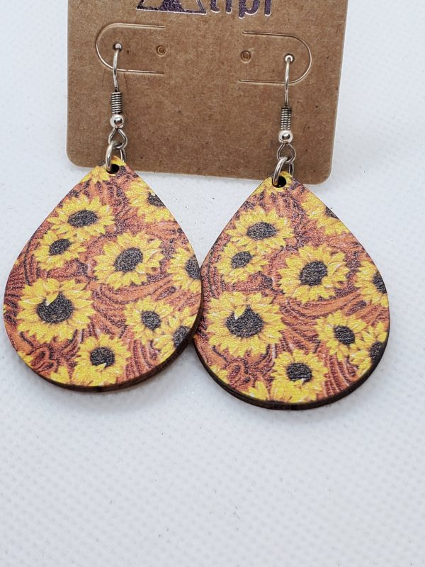 Brown Wild West Sunflower Teardrop Wood Earrings