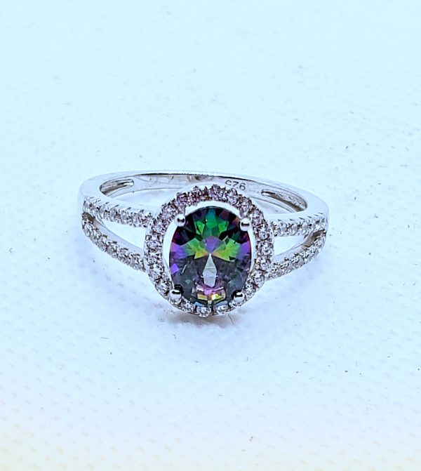 Sterling Silver Rainbow Topaz Halo Ring