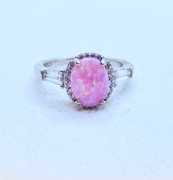 Sterling Silver Dazzling Oval Pink lab Opal CZ Ring