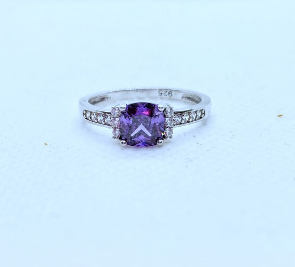 Sterling Silver Cushion Amethyst CZ Ring