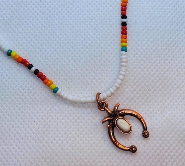 White Multi Colored Beaded Choker Necklace with Copper Pendant
